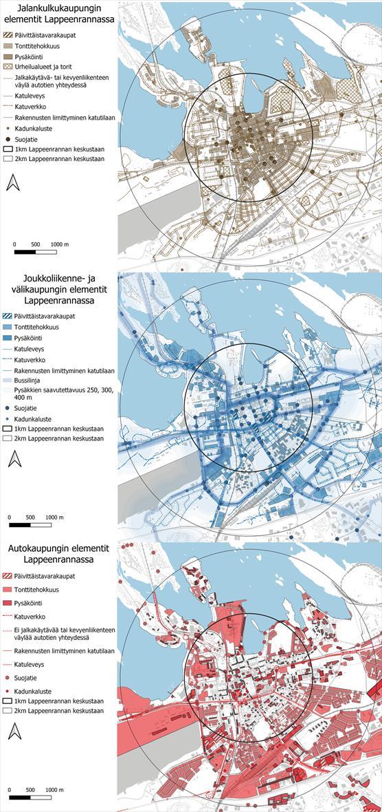 Lappeenrannan jalankulku-, joukkoliikenne- ja autokaupungin kudosten elementit